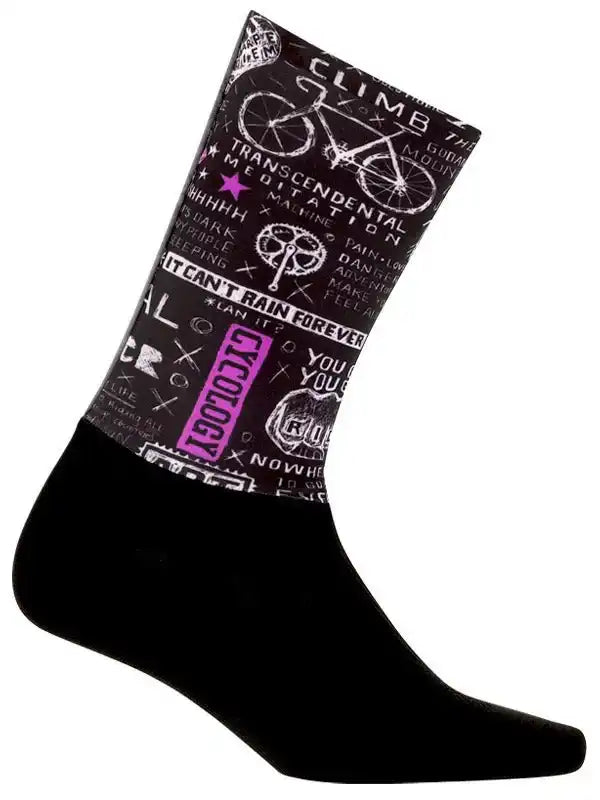Black cycling sock with white bike graphics, purple 'CYCOLOGY' text, and motivational phrases for cyclists