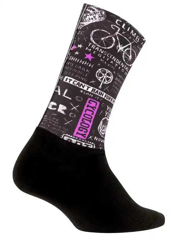 Cycling sock with bold graphic print, purple accents, and bike-themed text for men's and women's rides