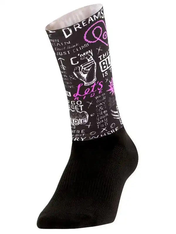 Black cycling sock with bold pink and white motivational graphics, perfect for riders seeking style and comfort.