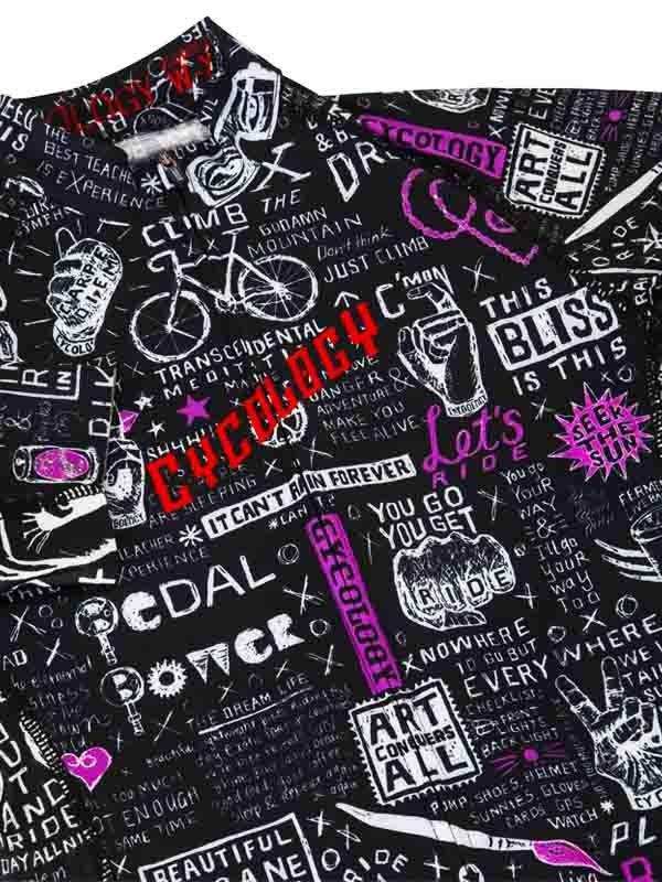 Black cycling jersey with bold graffiti-style graphics, cycling slogans, and vibrant pink accents for men and women.