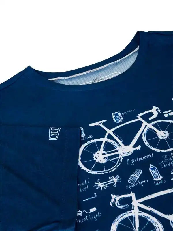 Navy blue cycling t-shirt with white bike sketch print, ideal for men's and women's cycling apparel