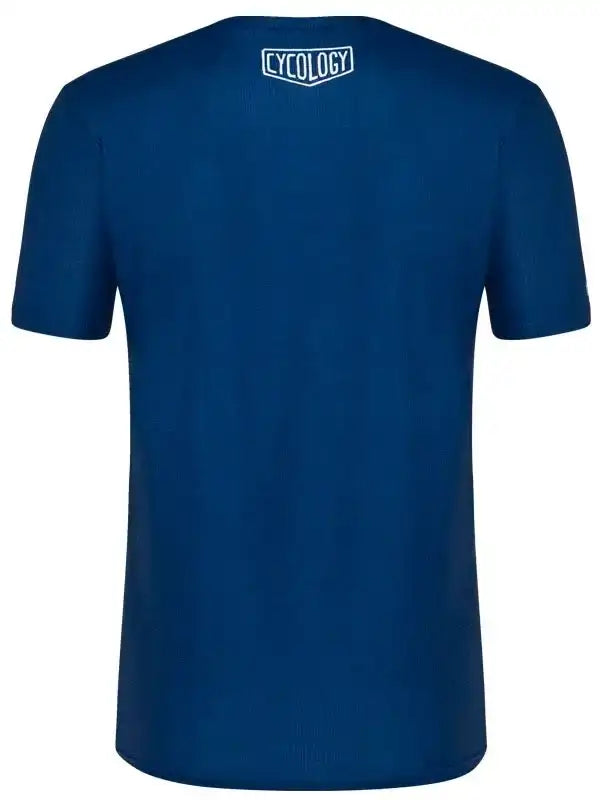 Blue men's cycling t-shirt with white Cycology logo on back, performance fabric design