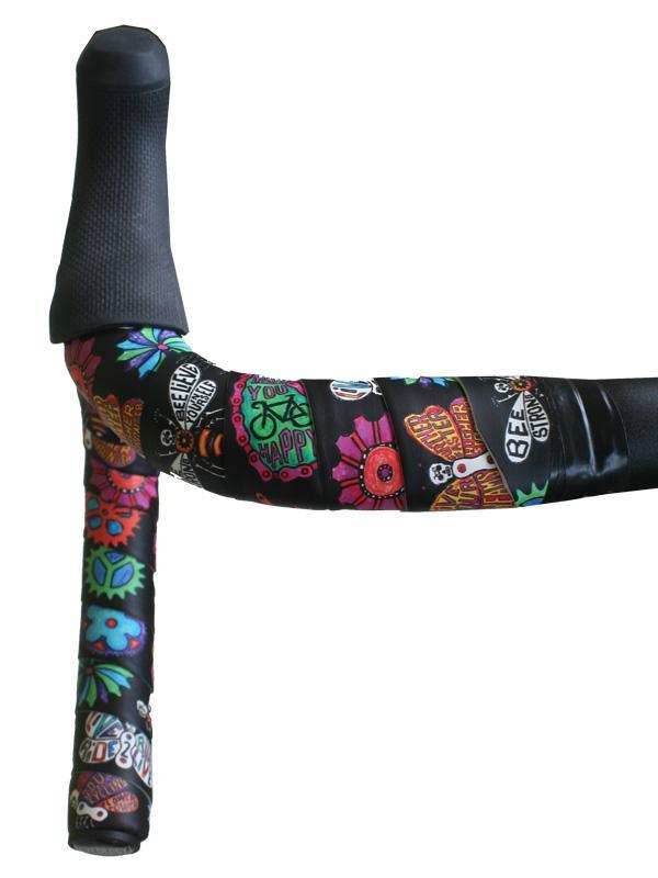 Colorful graffiti-style bike handlebar tape with vibrant patterns and cycling graphics