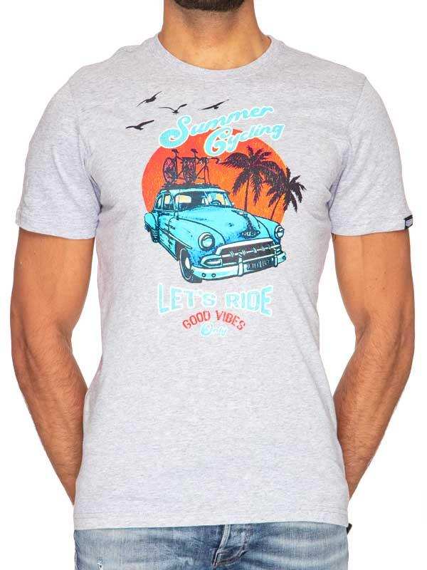 Men's gray cycling t-shirt with vintage car, palm trees, and 'Summer Cycling' graphic design