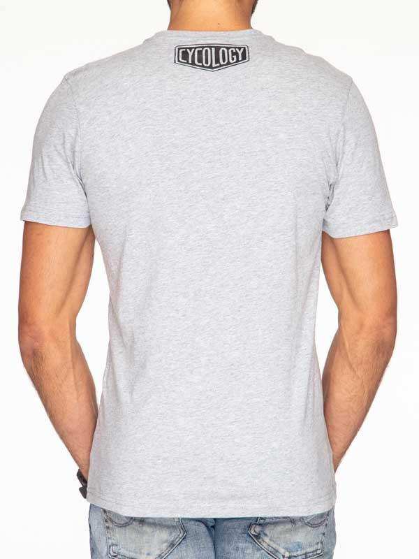 Men's gray cycling t-shirt with 'CYCOLOGY' logo on back, casual fit for active lifestyle