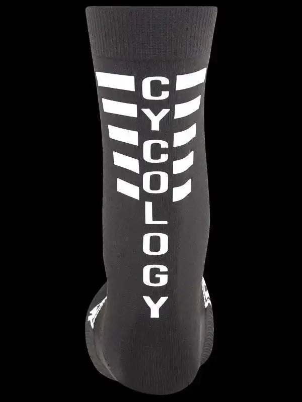 Black cycling sock with white 'CYCOLOGY' text and graphic design, ideal for men's and women's bike rides.
