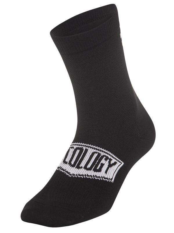 Black cycling sock with white 'Cycology' logo, designed for men's and women's bike rides