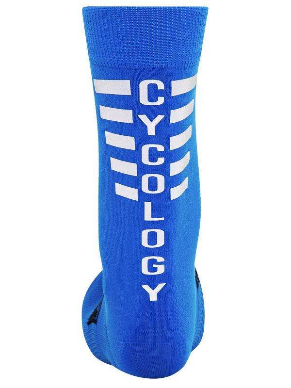 Blue cycling sock with white 'CYCOLOGY' text and stripe design, performance wear for cyclists