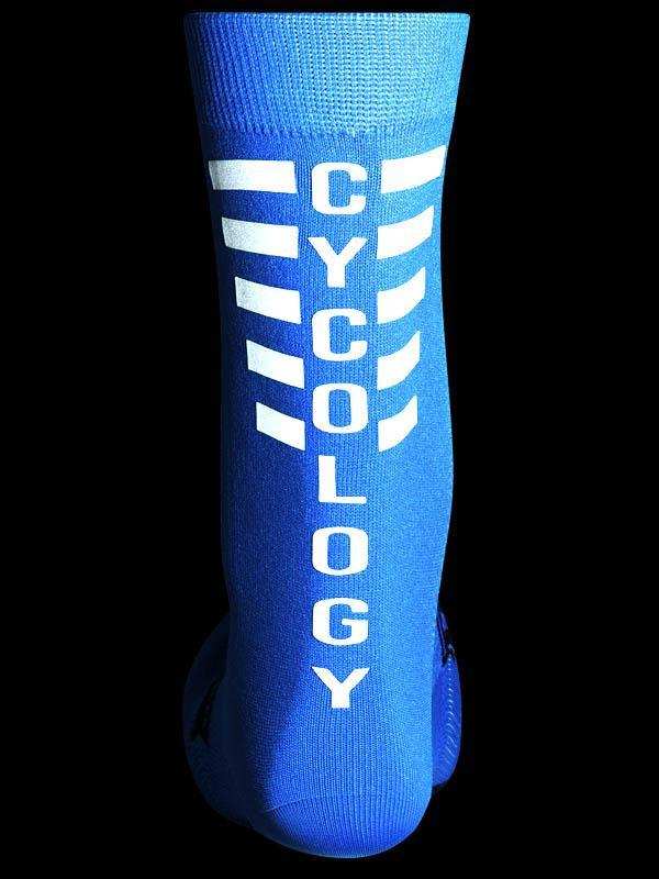 Blue cycling sock with white CYCOLOGY text and stripes, performance fabric for men's and women's rides