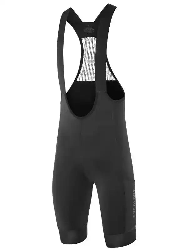 Black men's cycling bib shorts with mesh back panel and ergonomic design for comfort and performance