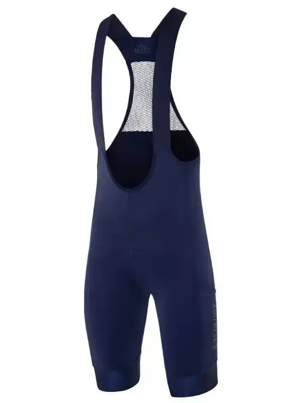 Navy blue men's cycling bib shorts with mesh back panel and ergonomic design for comfort and performance