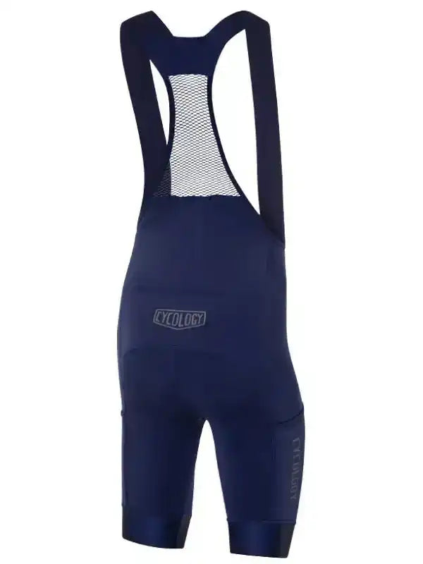 Navy blue men's cycling bib shorts with mesh back panel and Cycology branding