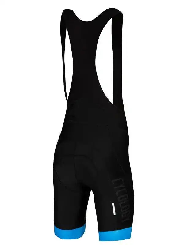 Black women's cycling bib shorts with blue hem and reflective logo, designed for comfort and performance.