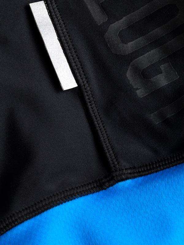 Black and blue cycling jersey with reflective stripe and textured logo detail