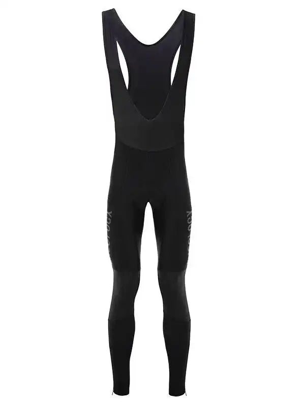 Black men's cycling bib tights with ergonomic design and subtle branding, ideal for performance rides.