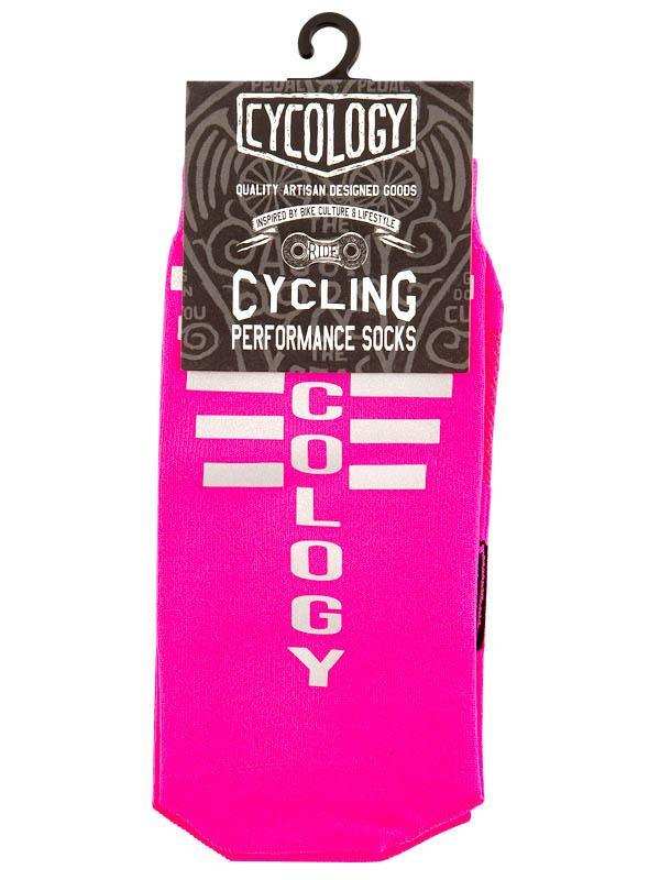 Bright pink cycling performance socks with white 'Cycology' branding, ideal for bike culture and lifestyle