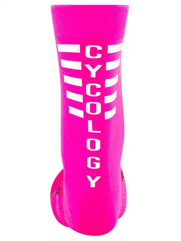 Bright pink cycling sock with white CYCOLOGY text and stripe design, ideal for men's and women's bike rides.