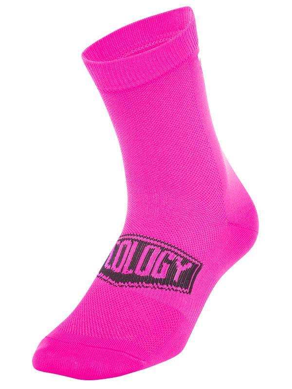Bright pink cycling sock with black logo, designed for comfort and performance on rides.