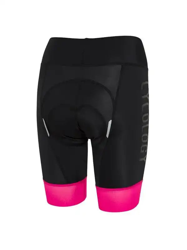 Black women's cycling shorts with pink hem and reflective details, featuring padded seat for comfort.