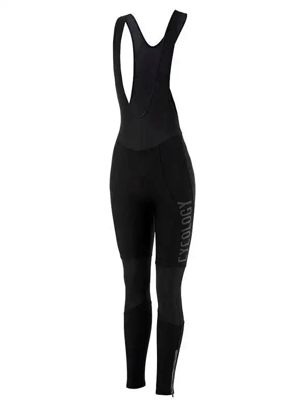 Black women's cycling bib tights with ergonomic design and brand logo, ideal for road cycling comfort.