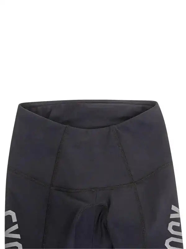 Black women's cycling shorts with padded chamois and side logo, high-waisted design for comfort