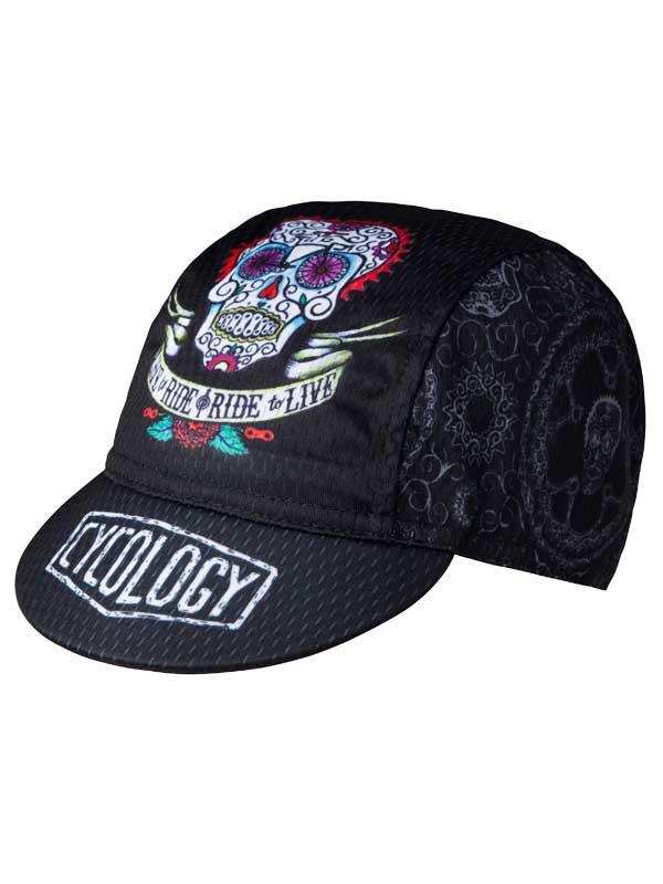 Black cycling cap with sugar skull design, 'Ride to Live' text, and 'CYCOLOGY' logo on brim