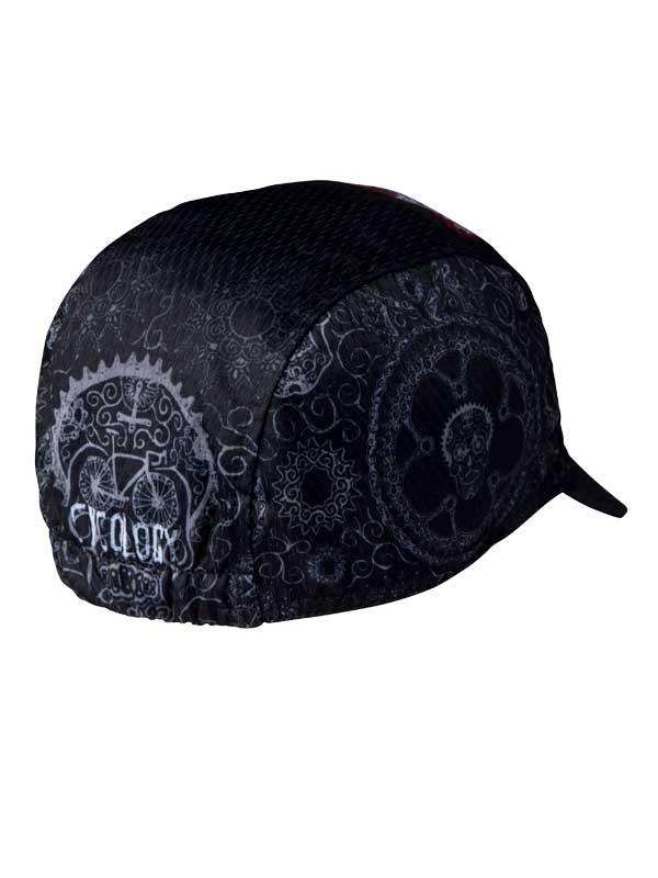 Black cycling cap with intricate gear and bike design, ideal for men's and women's cycling apparel