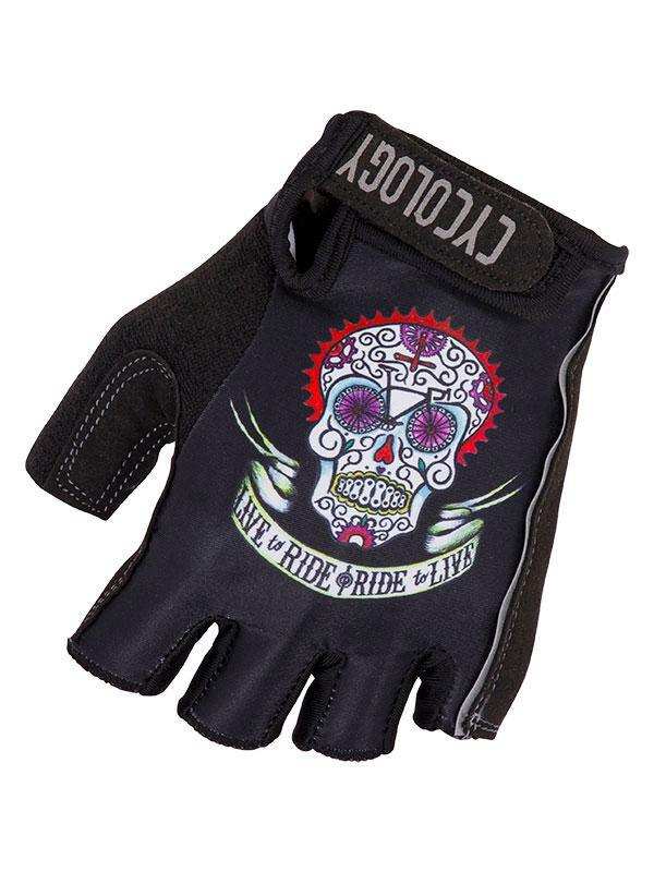 Black cycling glove with sugar skull design, 'Ride to Live' text, and fingerless grip for men's and women's bike rides