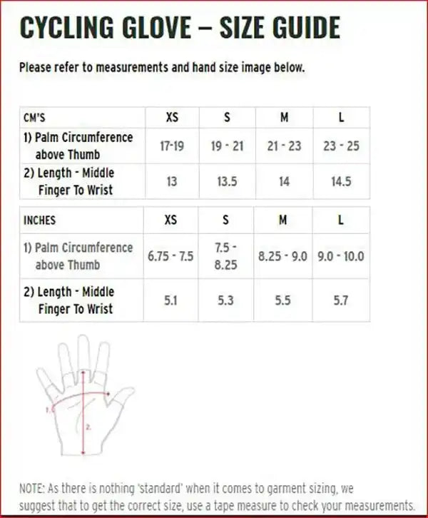 Cycling glove size chart with hand measurements in cm and inches for XS to L sizes