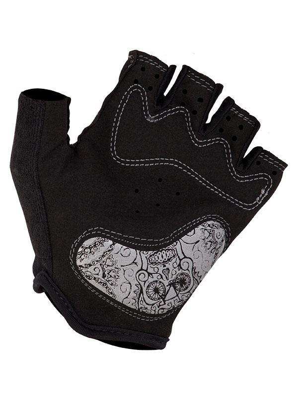 Black fingerless cycling glove with sugar skull design, breathable mesh, and padded palm for comfort.
