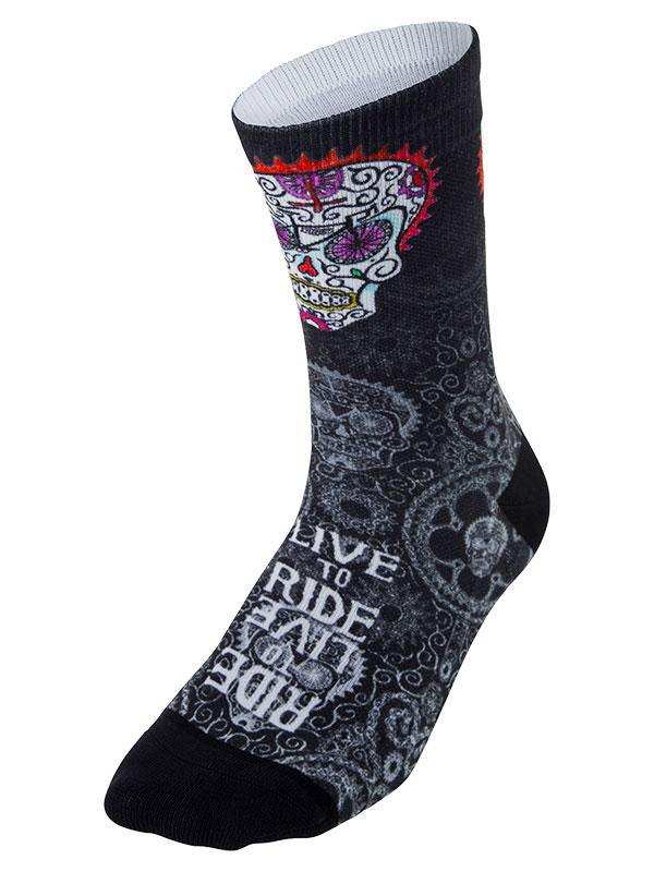 Black cycling sock with sugar skull design and 'Live to Ride' text, ideal for bike enthusiasts.