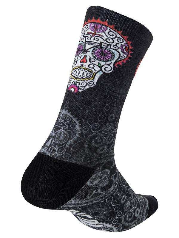 Black cycling sock with colorful sugar skull design, ideal for men's and women's bike rides