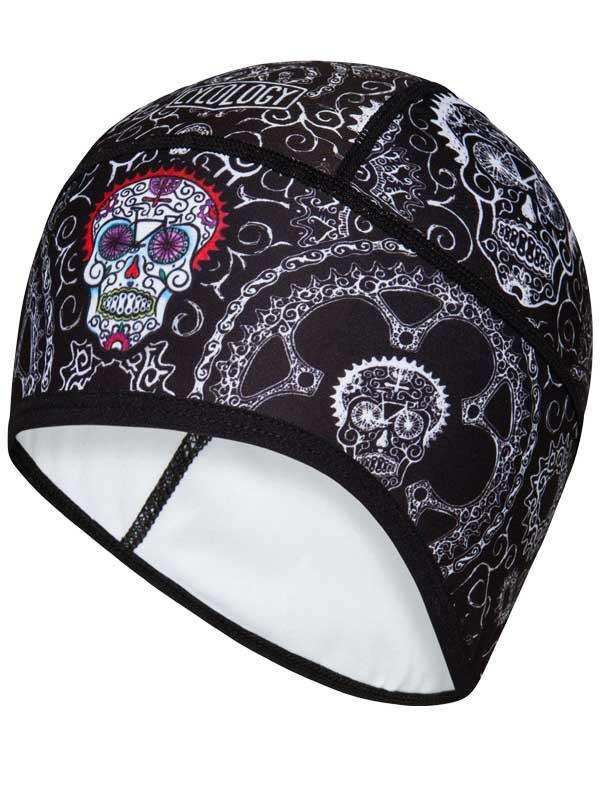 Black cycling skull bandana with sugar skull and gear designs, ideal for bike rides and cycling gear