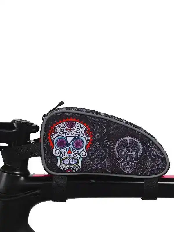 Skull-patterned cycling saddle bag with vibrant sugar skull design, attached to bike frame for storage