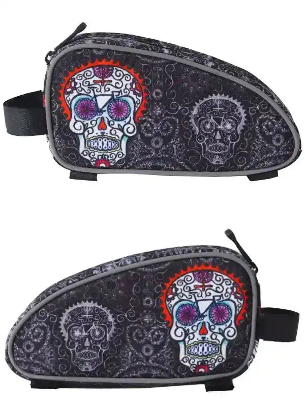 Skull pattern bike saddle bag with colorful sugar skull design for cyclists