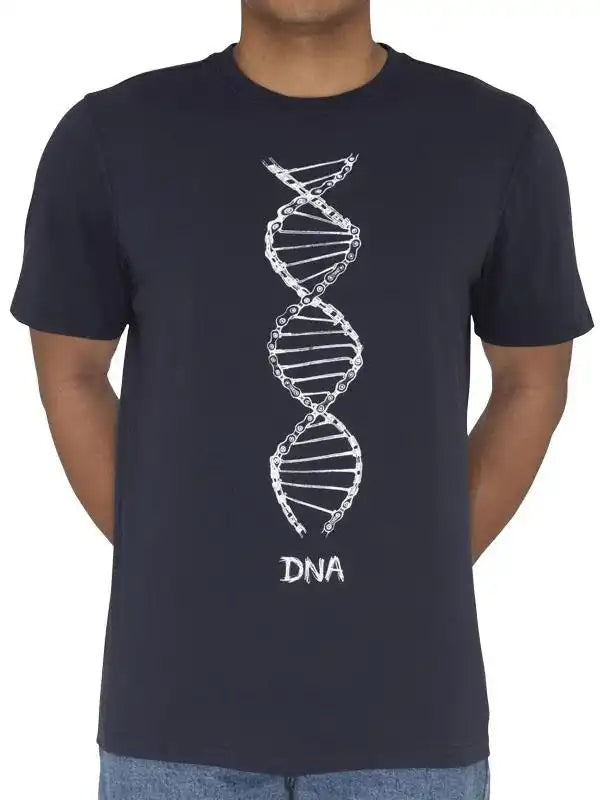 Men's navy t-shirt with white DNA double helix graphic, cycling-themed design