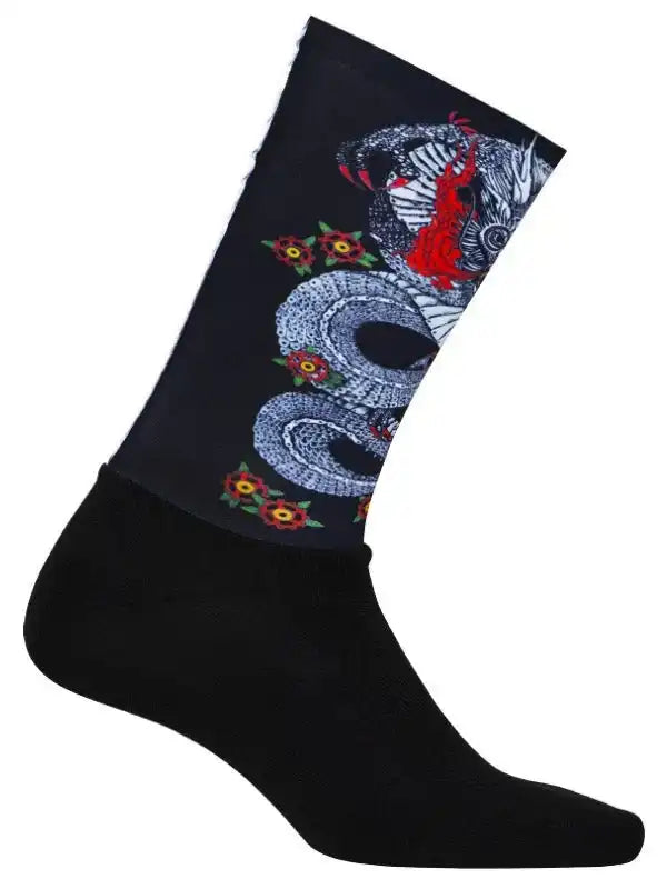 Black cycling sock with dragon and floral design, ideal for men's and women's bike rides