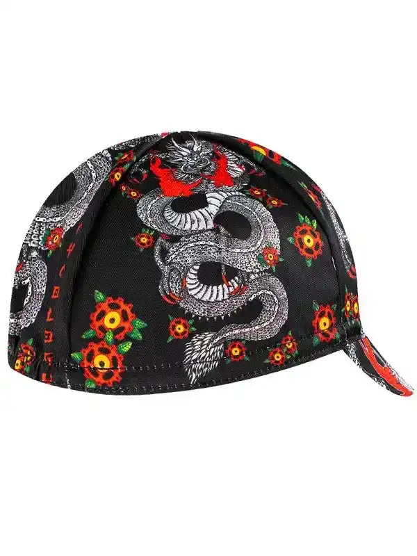 Black cycling cap with dragon and floral print, stylish bike accessory for men and women