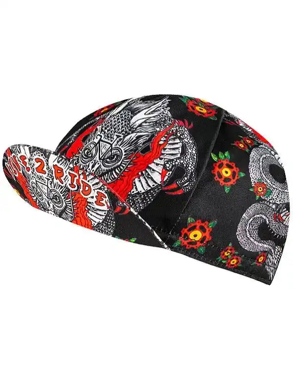 Cycling cap with bold dragon and floral print, ideal for men and women riders
