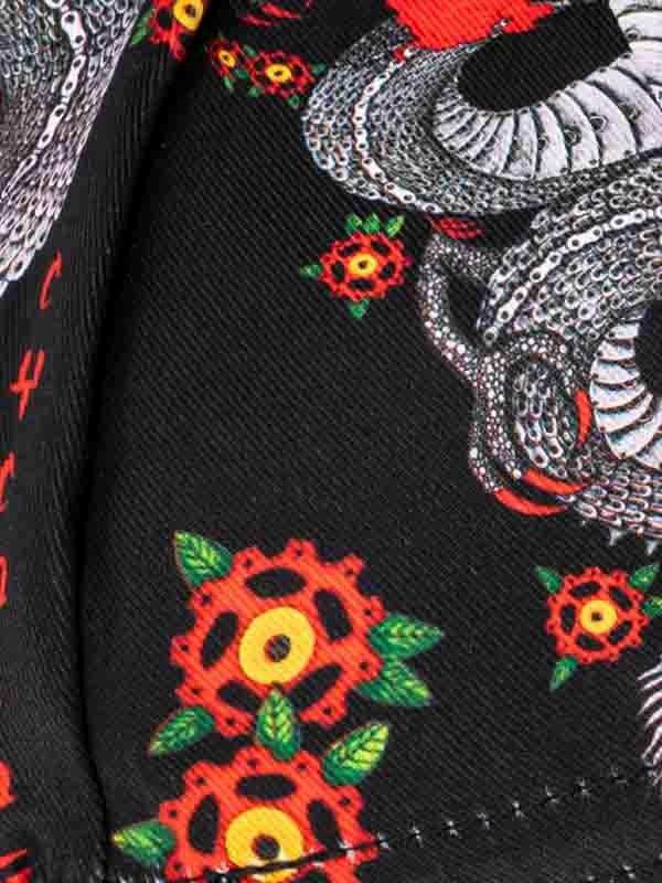 Black cycling jersey with red gear flower print and chain design details