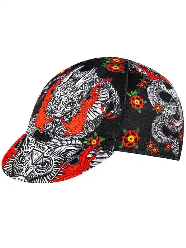 Black cycling cap with dragon, owl, and floral print design for men and women