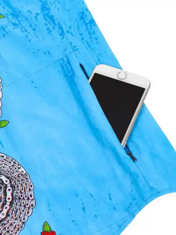 Blue cycling jersey with chain print pocket holding smartphone, ideal for men's and women's bike rides