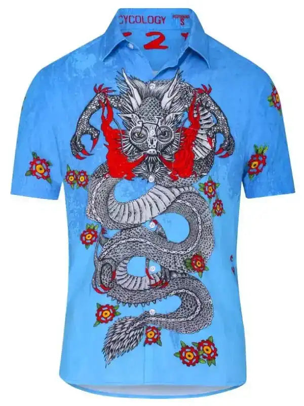 Blue men's cycling shirt with dragon graphic and floral accents, stylish bike apparel