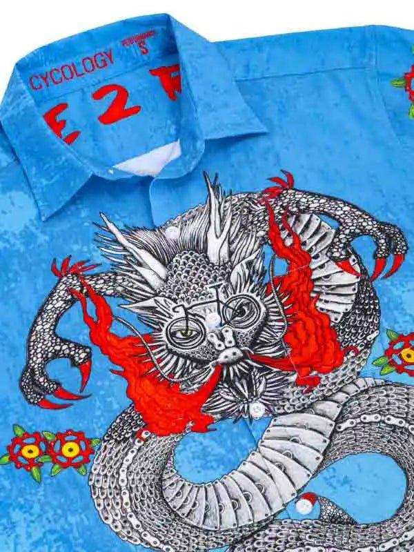 Blue cycling jersey with dragon and flame design, unique men's bike wear