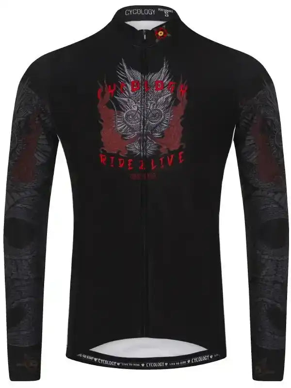 Men's black long-sleeve cycling jersey with bold red 'RIDE 2 LIVE' graphic and winged design, ideal for road cycling.