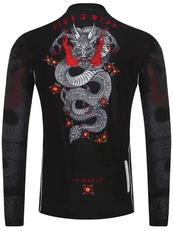 Men's black cycling jersey with dragon graphic, red flames, and 'LIVE 2 RIDE' text for road biking