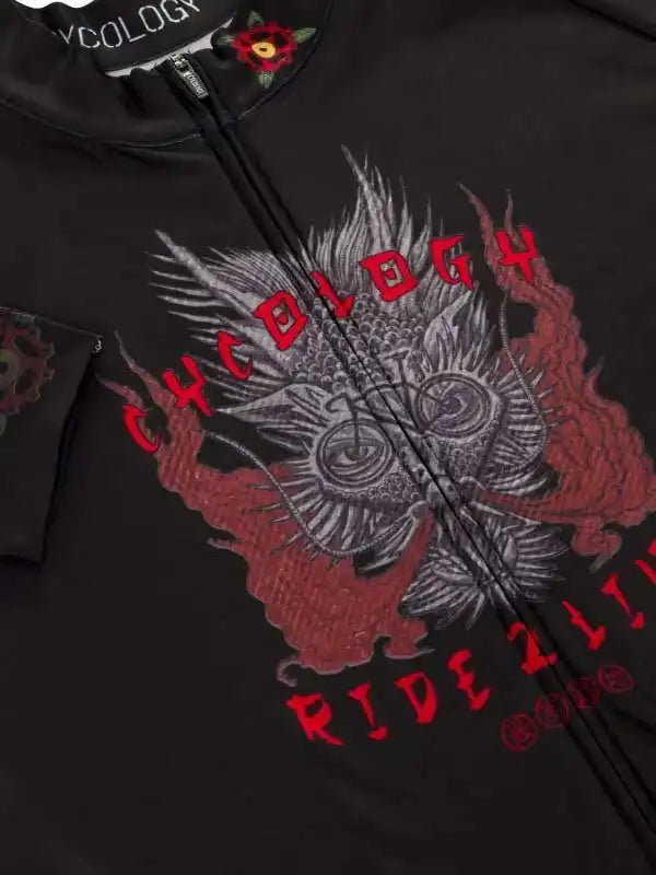 Black cycling jersey with bold 'CYCOLOGY' and 'RIDE 2 LIVE' graphic, red flame design, and rose detail