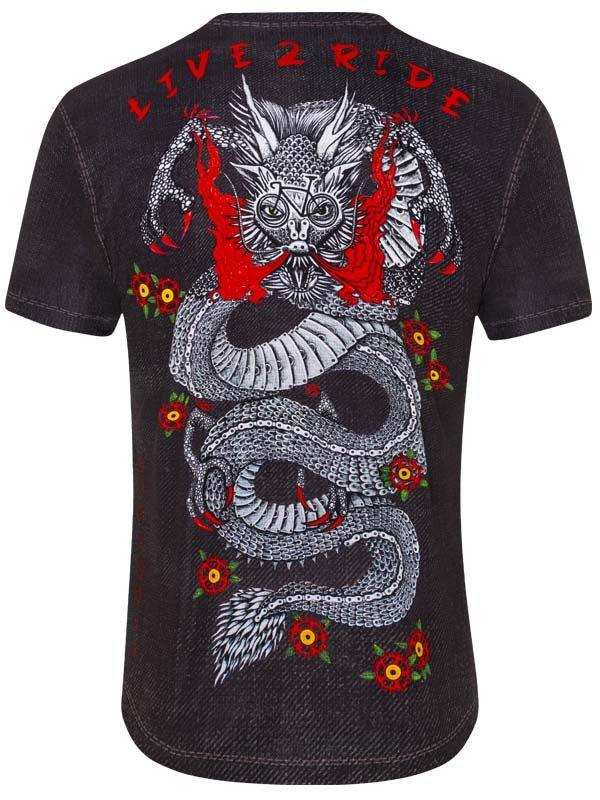 Men's cycling t-shirt with dragon graphic, 'LIVE 2 RIDE' text, and floral accents on dark fabric