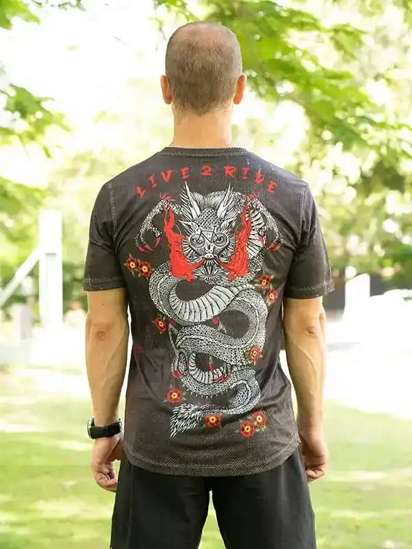 Men's cycling jersey with dragon graphic and 'LIVE 2 RIDE' text, ideal for bike rides outdoors