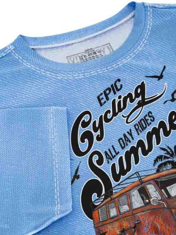Light blue cycling t-shirt with 'Epic Cycling All Day Rides Summer' graphic and vintage van print